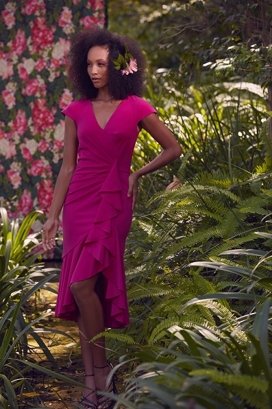 TEXTURED CREPE CAP SLEEVE V-NECK DRESS WITH CASCADING RUFFLE DETAIL
