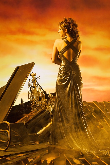 STEEL METALLIC JERSEY DRAPED HALTER GOWN