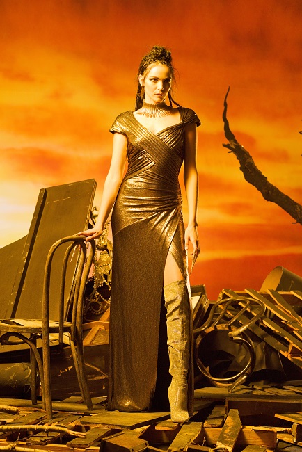 BRONZE METALLIC JERSEY DRAPED GOWN