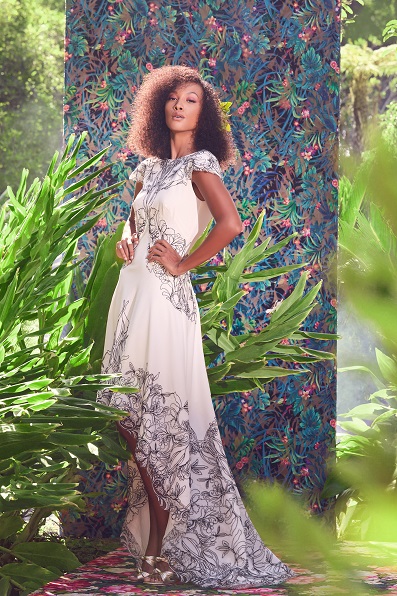 CREPE CAP SLEEVE HIGH-LOW GOWN WITH BLACK CORDED LACE EMBROIDERED APPLIQUÉ DETAIL