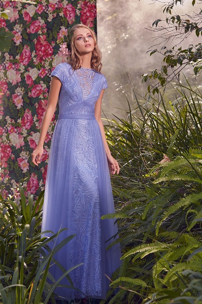 PALM LEAF EMBROIDERED CAP SLEEVE GOWN WITH DRAPED TULLE OVERLAY