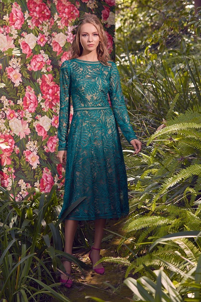 LEAF EMBROIDERED TULLE LONG SLEEVE A-LINE DRESS