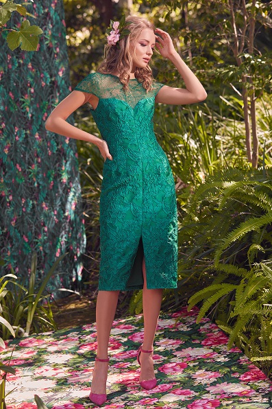 FLORAL MOTIF JACQUARD CAP SLEEVE DRESS WITH LACE ILLUSION NECKLINE