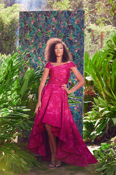 FLORAL MOTIF JACQUARD ASYMMETRICALLY DRAPED HIGH-LOW GOWN