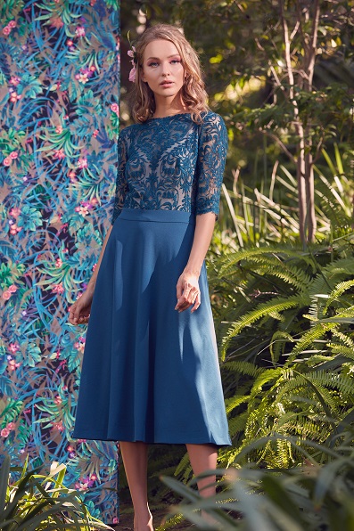 LILY OF THE VALLEY EMBROIDERED TULLE ELBOW-LENGTH SLEEVE DRESS WITH TEXTURED CREPE A-LINE SKIRT