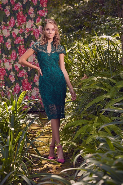 LILY OF THE VALLEY EMBROIDERED TULLE CAP SLEEVE DRESS WITH ILLUSION NECKLINE