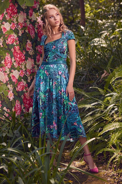 MOTIF BURNOUT VELVET ASYMMETRICALLY DRAPED CAP SLEEVE DRESS WITH FLARED SKIRT