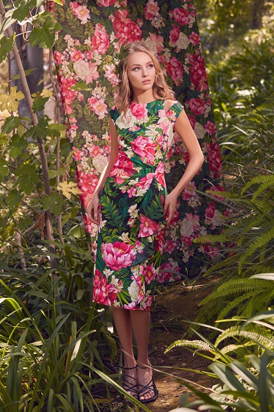 CREPE CAPSLEEVE DRESS WITH SHOULDER CUTOUTS AND CASCADING RUFFLE DETAIL