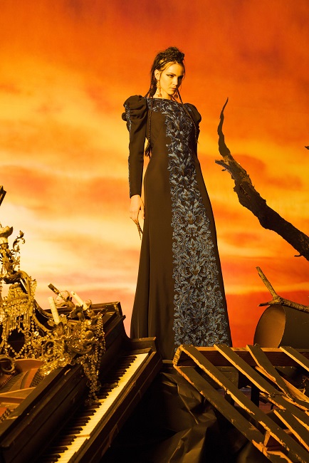 BLACK/COBALT CREPE AND EMBROIDERED APPLIQUÉ GOWN WITH PUFFED LONG SLEEVES