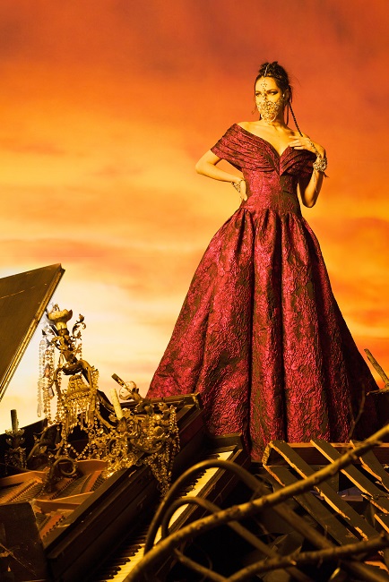 MAGENTA ARMOR MOTIF JACQUARD OFF THE SHOULDER BALL GOWN