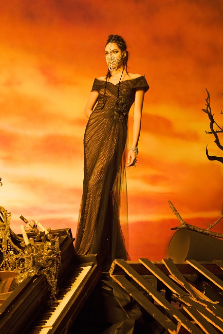 BLACK/NUDE PAILLETTE EMBROIDERED TULLE OFF THE SHOULDER GOWN WITH JET BEADED FLORAL DETAILS