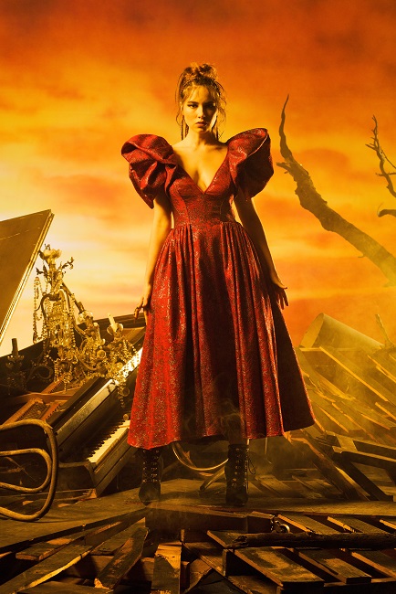 RED ROCK HIGH TEXTURE METALLIC JACQUARD TEA LENGTH DRESS WITH DRAMATIC STRUCTURED SLEEVES
