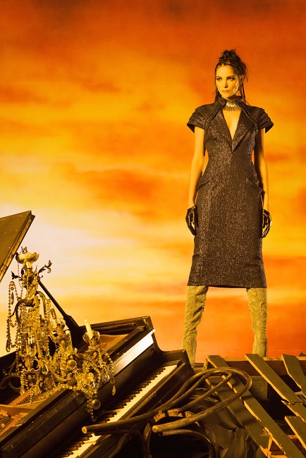 NIGHT BLUE METALLIC BOUCLÈ CAP SLEEVE DRESS WITH ARMOR INSPIRED DETAILS