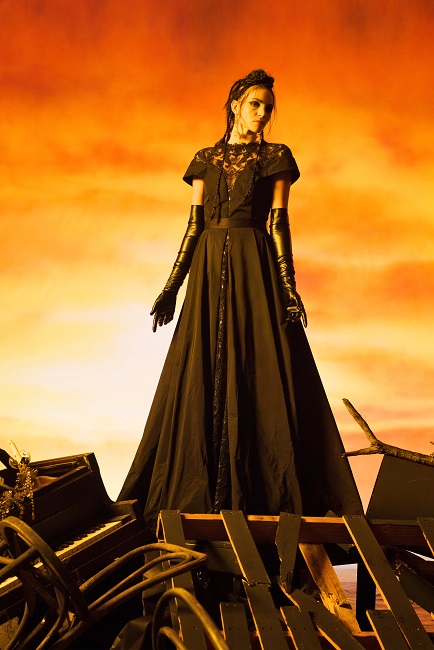 BRONZE ARMOR MOTIF JACQUARD BALL GOWN WITH STRUCTURED ELBOW-LENGTH SLEEVES