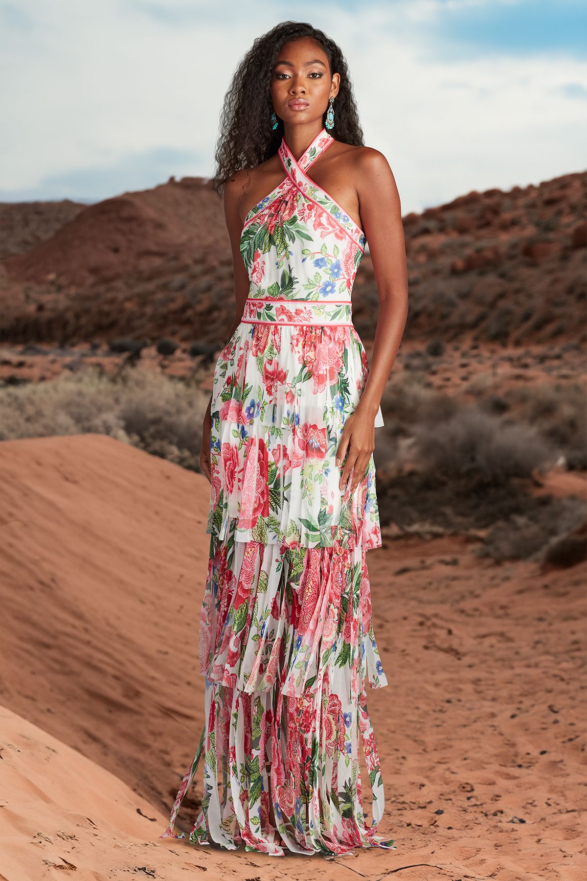 COLOR FRINGE CUT FLORAL PRINT GEORGETTE HALTER GOWN
