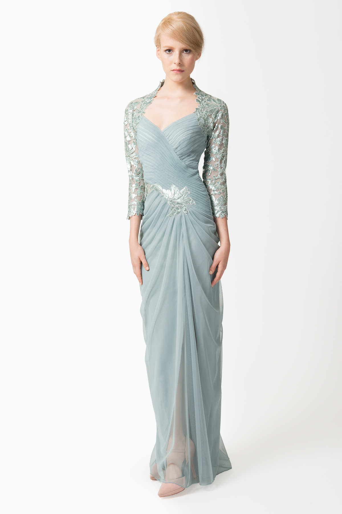 Draped Tulle ¾ Sleeve Gown 