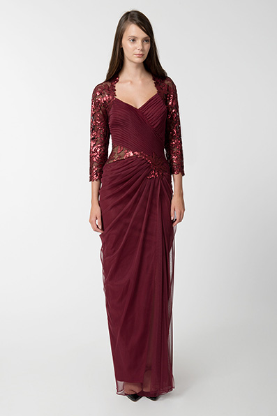 Draped Tulle ¾ Sleeve Gown 