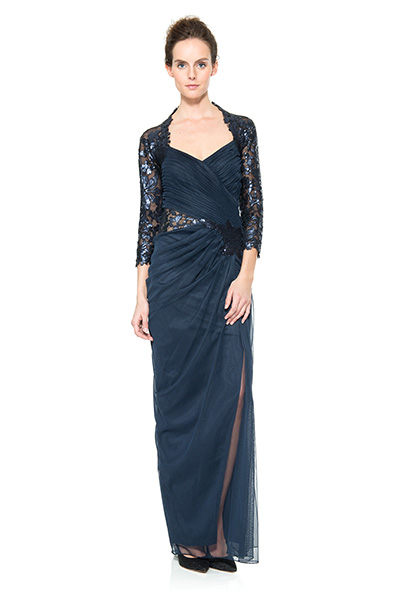 Draped Tulle ¾ Sleeve Gown 