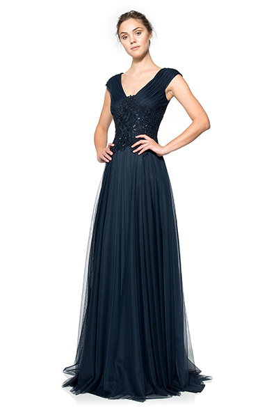 Tulle and Hand-Beaded Lace V-Neck Gown
