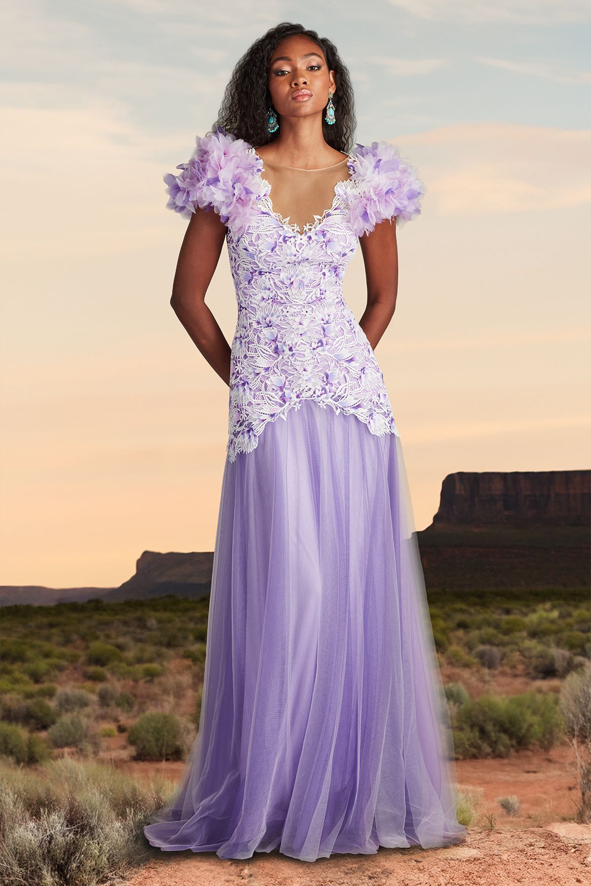 WHITE/PURPLE HAZE BLOOM EMBROIDERED LACE GOWN WITH 3D FLORAL SLEEVES