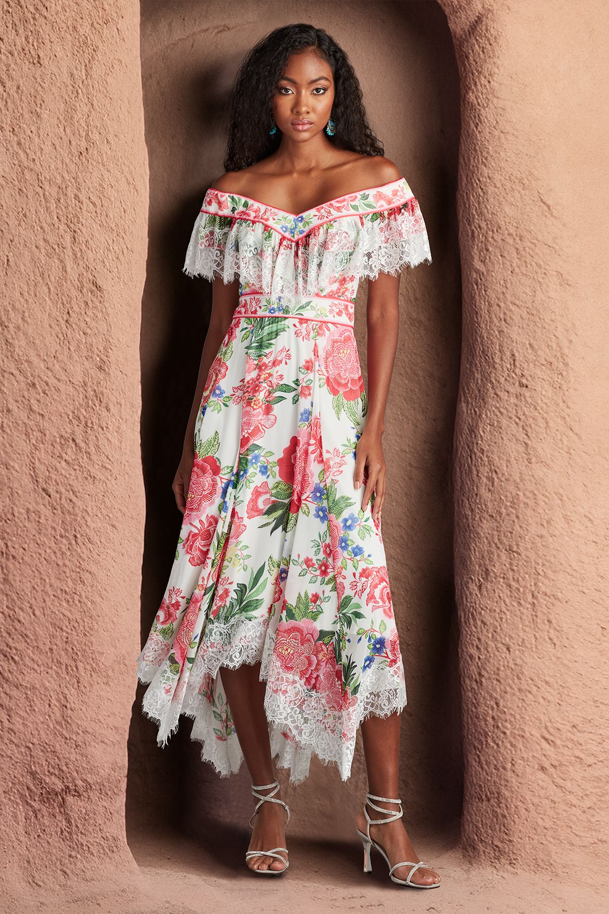 WHITE/FUCHSIA FLORAL PRINT GEORGETTE OFF-THE-SHOULDER HANDKERCHIEF DRESS WITH LACE TRIM DETAIL