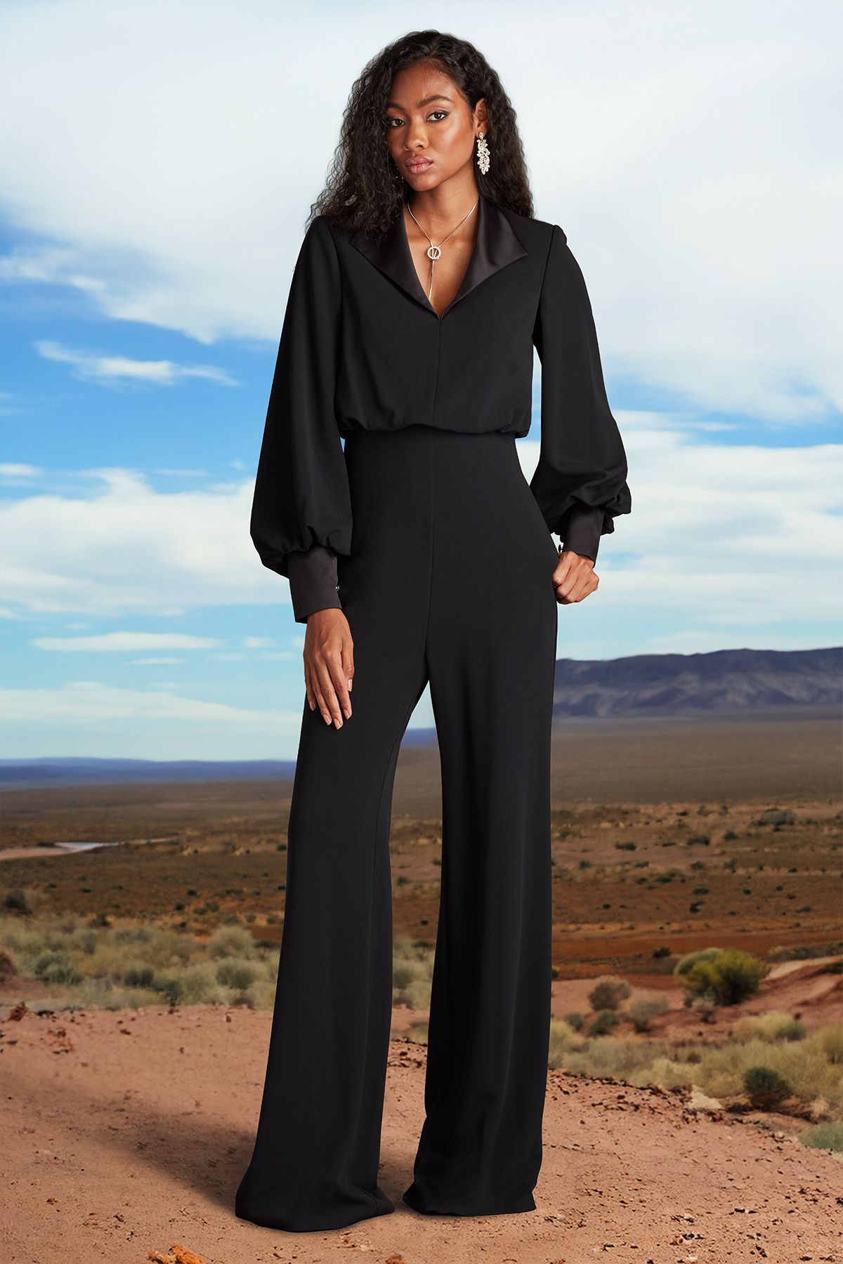 BLACK TEXTURED CREPE BLOUSSON JUMPSUIT WITH SATIN LAPEL
