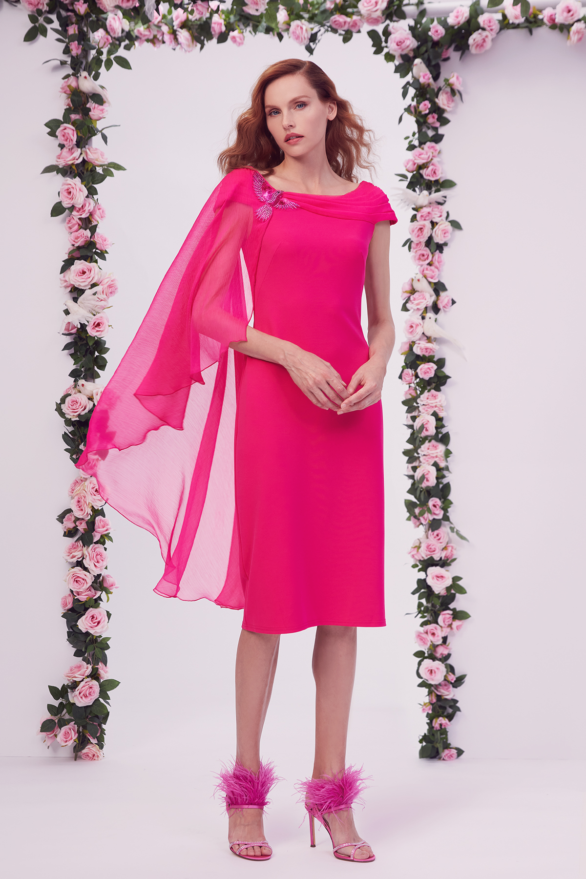 BLOSSOM TEXTURED CREPE AND CRINKLE CHIFFON CAP SLEEVE SHEATH DRESS WITH ONE SHOULDER CAPE SLEEVE AND CRYSTAL-EMBELLISHED DOVE APPLIQUÉ