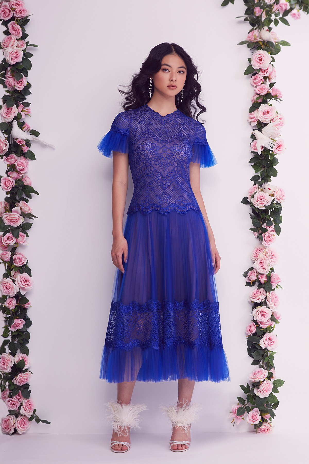 MYSTIC BLUE EMBROIDERED TULLE AND PLEATED TULLE SHORT SLEEVE TIERED MIDI DRESS WITH SEE-THROUGH HEM