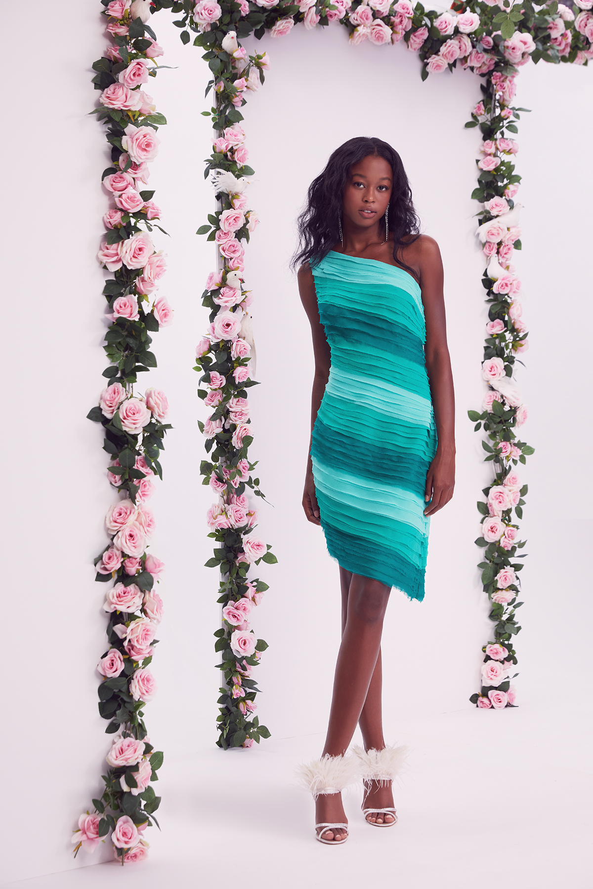 CARIBBEAN OMBRE CRINKLE CHIFFON BANDED ONE SHOULDER SHEATH DRESS WITH ANGLED HEM