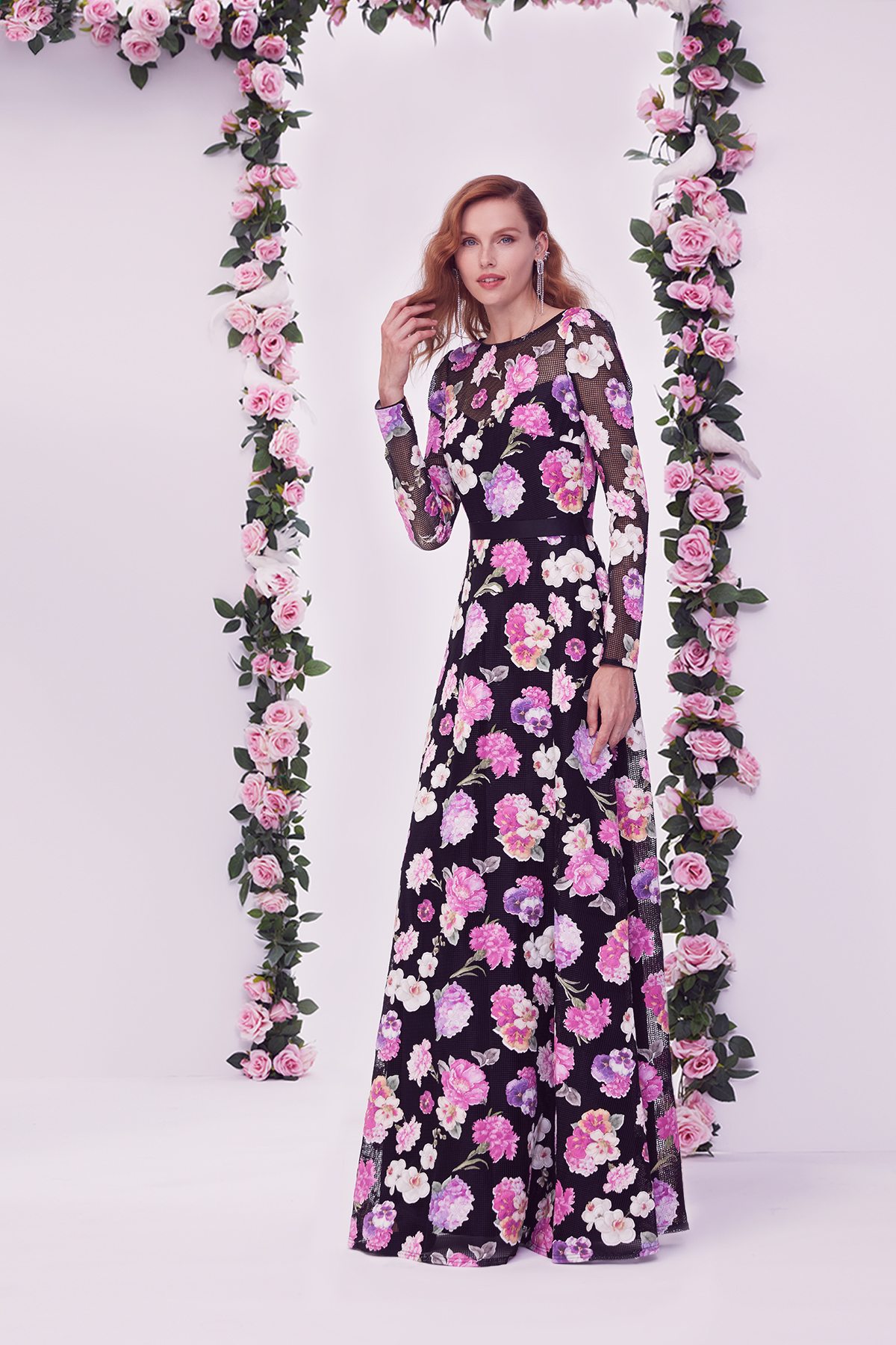 BLACK/FLORAL APPLIQUÉD TULLE LONG SLEEVE ILLUSION A-LINE GOWN WITH STRETCH RIBBON BELT
