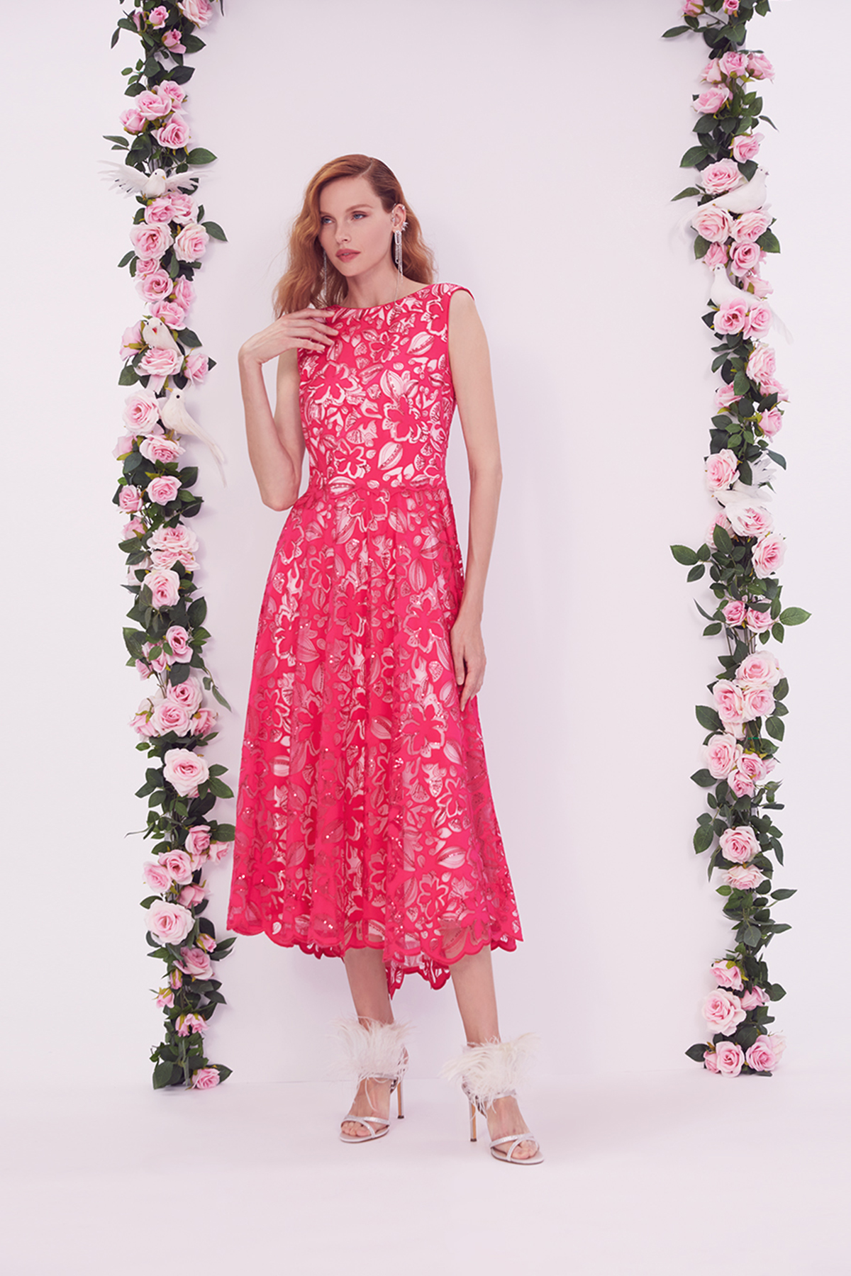 DAHLIA PAILLETTE-EMBELLISHED REVERSE APPLIQUE TULLE BOAT NECK SLEEVELESS FLARED MIDI DRESS WITH SHAPED HEM