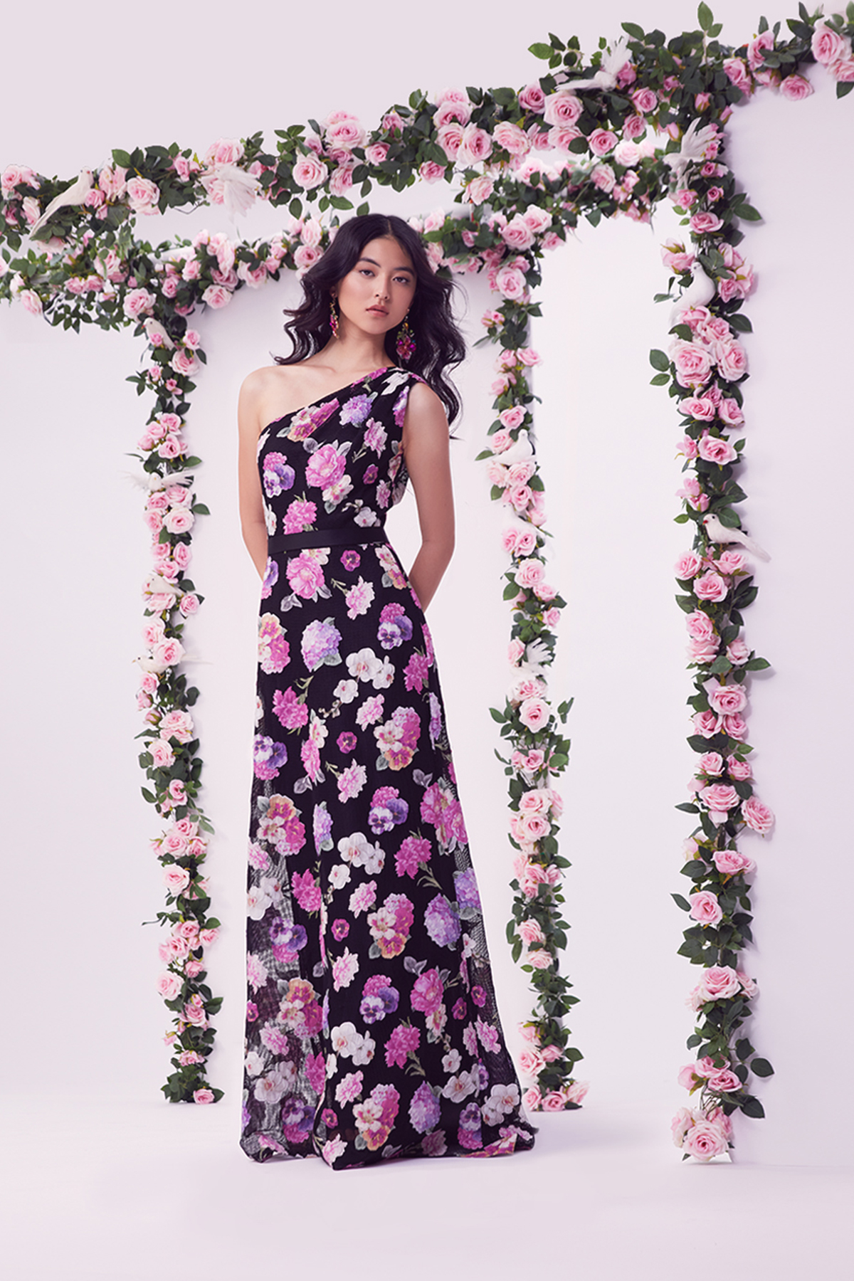 BLACK/FLORAL APPLIQUÉD TULLE ONE SHOULDER MODIFIED A-LINE GOWN WITH STRETCH RIBBON BELT