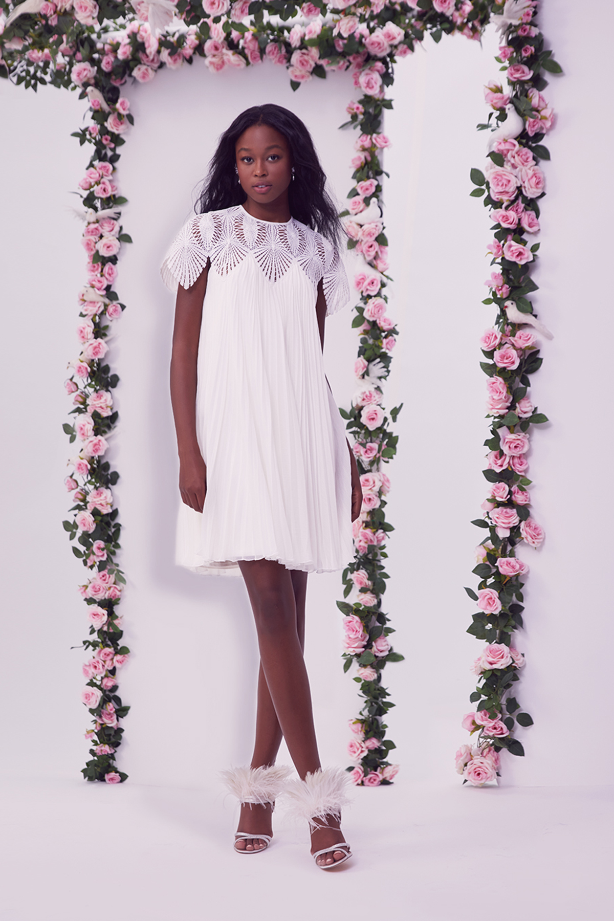 IVORY FEATHER CROCHET LACE AND PLEATED CHIFFON JEWEL NECK SHORT SLEEVE TRAPEZE MINI DRESS