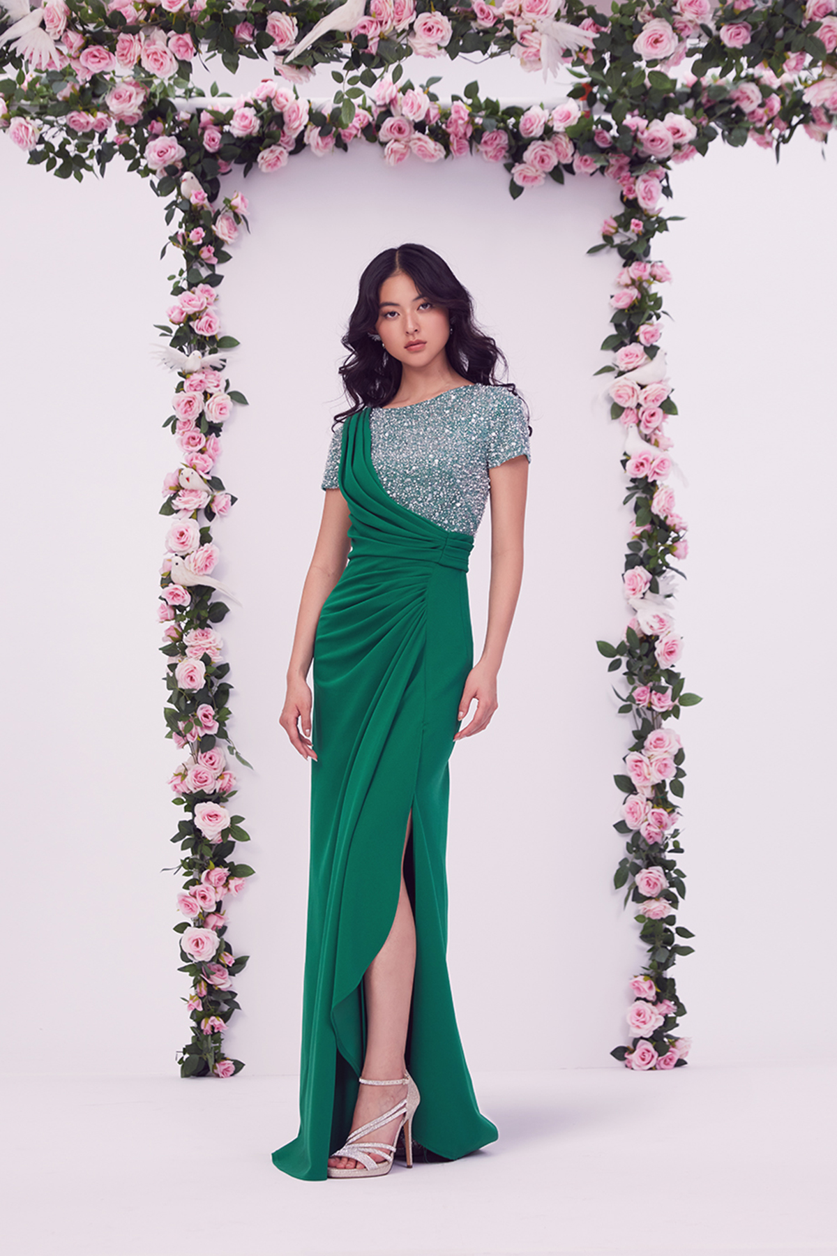BAMBOO PEARL AND CRYSTAL BEADED TULLE AND TEXTURED CREPE BOAT NECK SHORT SLEEVE DRAPED GOWN WITH HIGH SLIT
