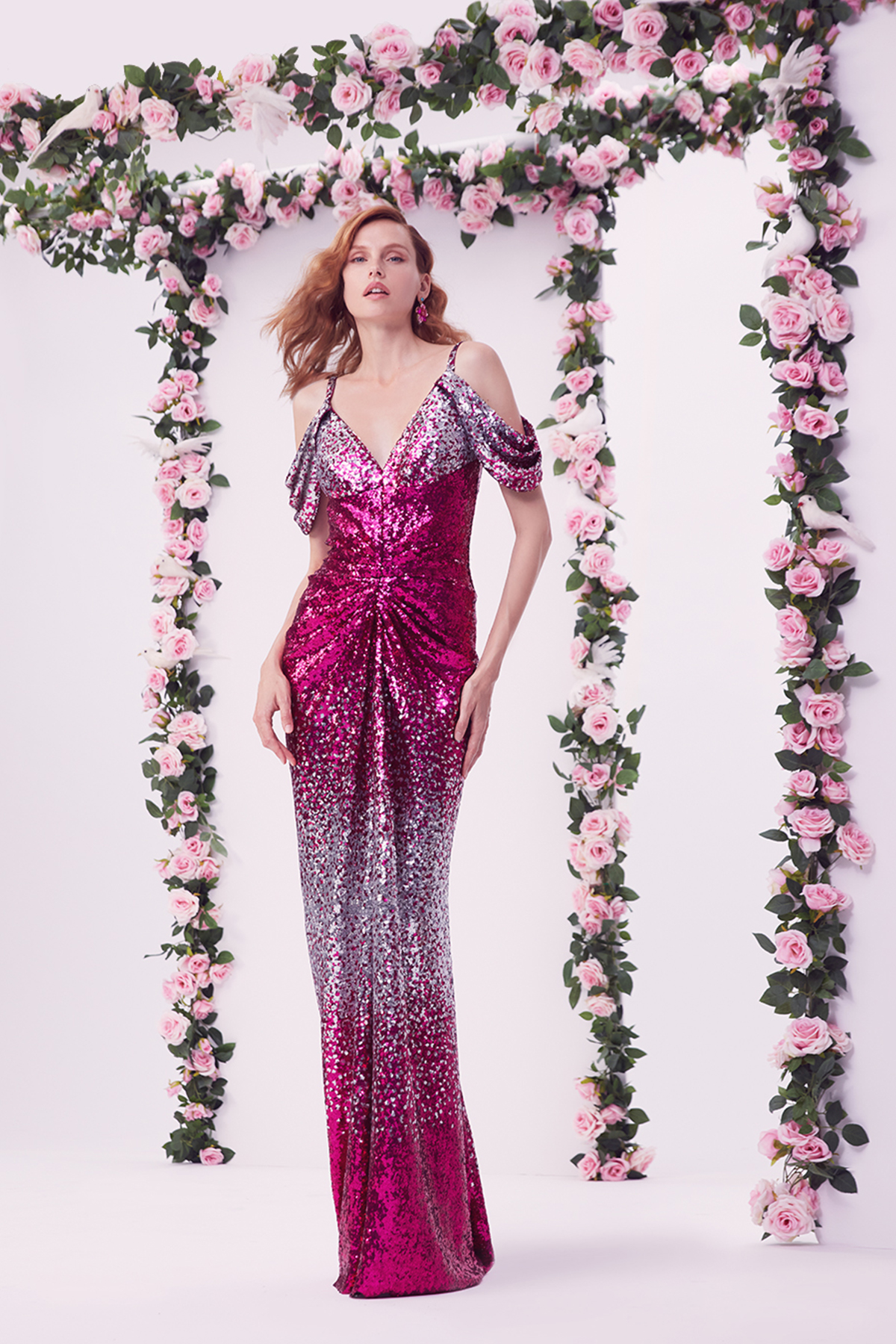 DAHLIA DEGRADÉ SEQUIN V-NECK COWL SLEEVE DRAPED GOWN