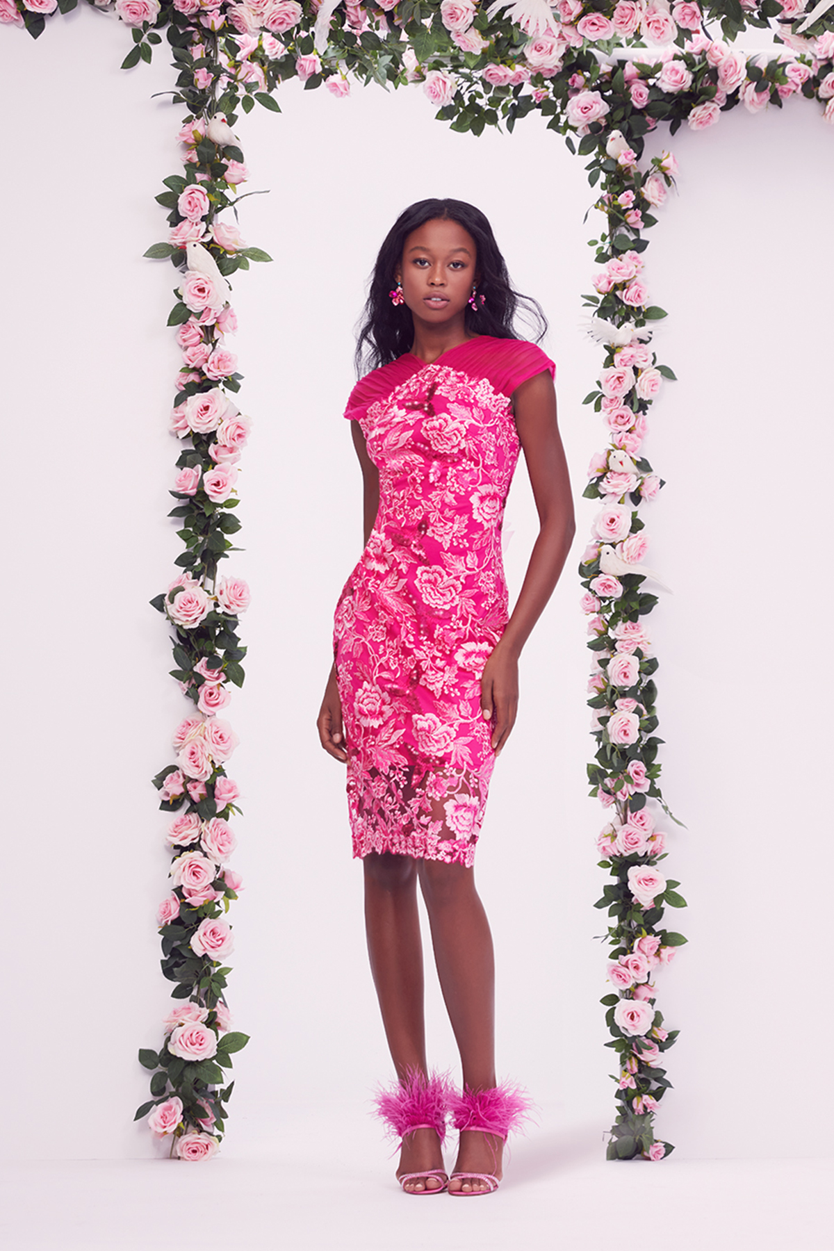 BLOSSOM DOVE PAILLETTE EMBELLISHED FLORAL EMBROIDERY AND PLEATED TULLE CAP SLEEVE SHEATH DRESS WITH STATEMENT ROSETTE AND SEE-THROUGH HEM