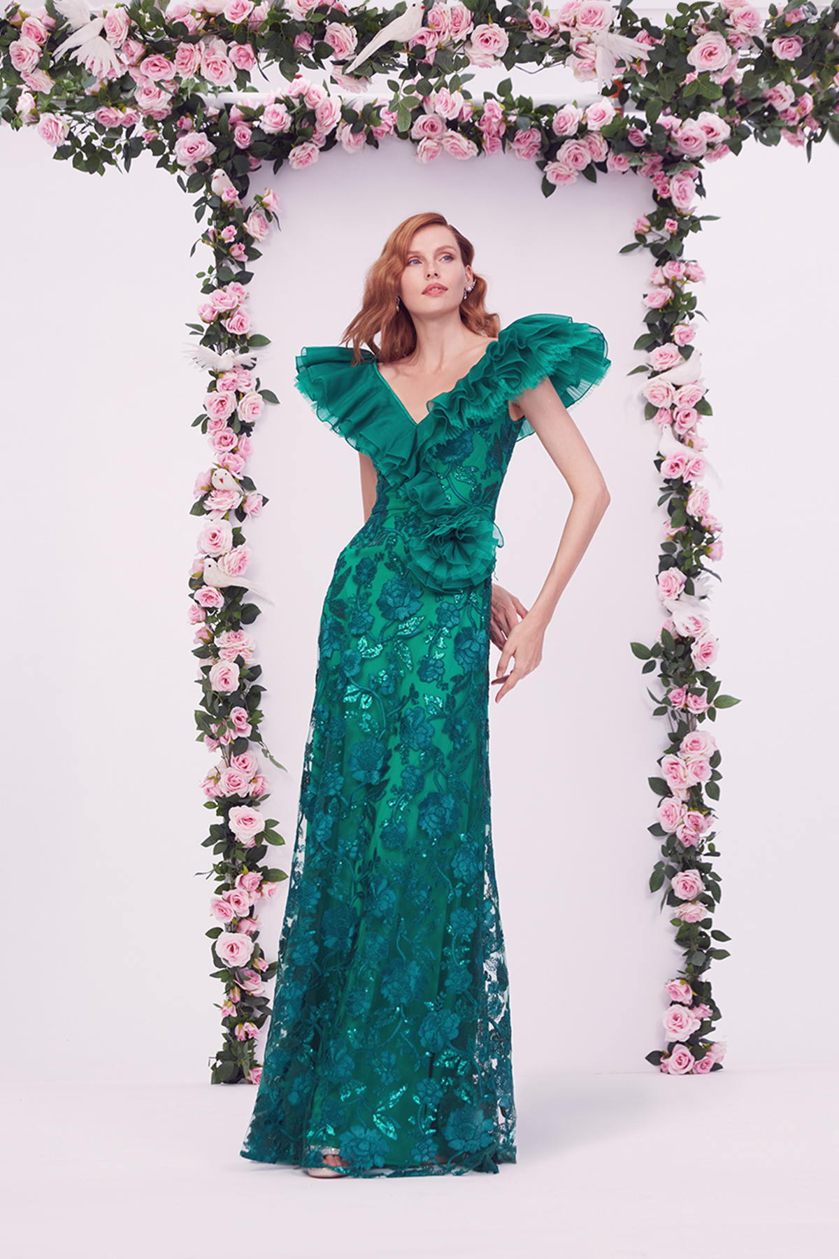 BAMBOO PAILLETTE-EMBROIDERED TULLE V-NECK RUFFLED FLUTTER SLEEVE GOWN WITH STATEMENT ROSETTE