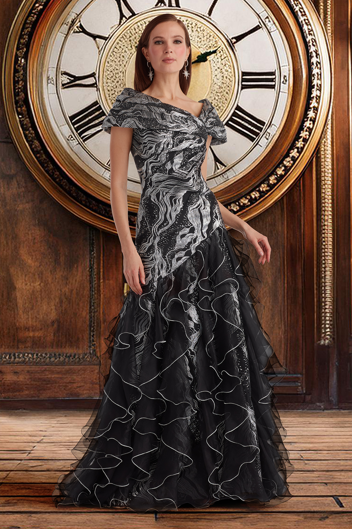 SILVER/BLACK STARDUST MOTIF JACQUARD GOWN  WITH CASCADING ORGANZA FULL RUFFLE SKIRT