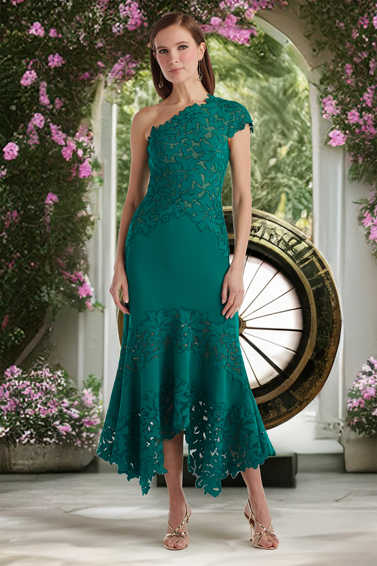EMERALD ARCHIVAL LASER-CUT TEXTURED CREPE ONE SHOULDER MIDI-DRESS WITH HANDKERCHIEF HEM