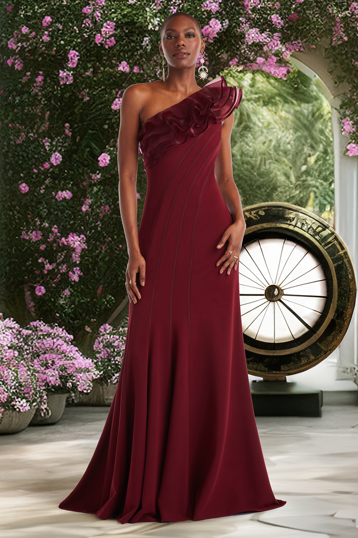 CINNAMON TEXTURED CREPE AND ORGANZA WITH SUNDIAL PIPING ONE SHOULDER GOWN