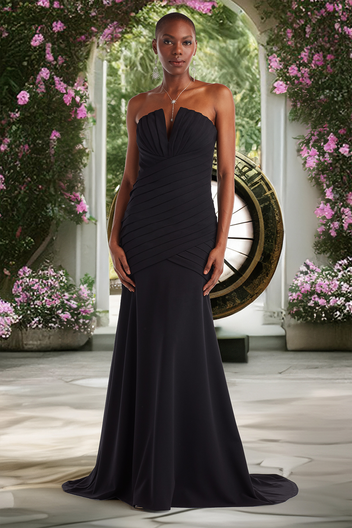 BLACK SHUTTER PLEATED TEXTURED CREPE STRAPLESS GOWN