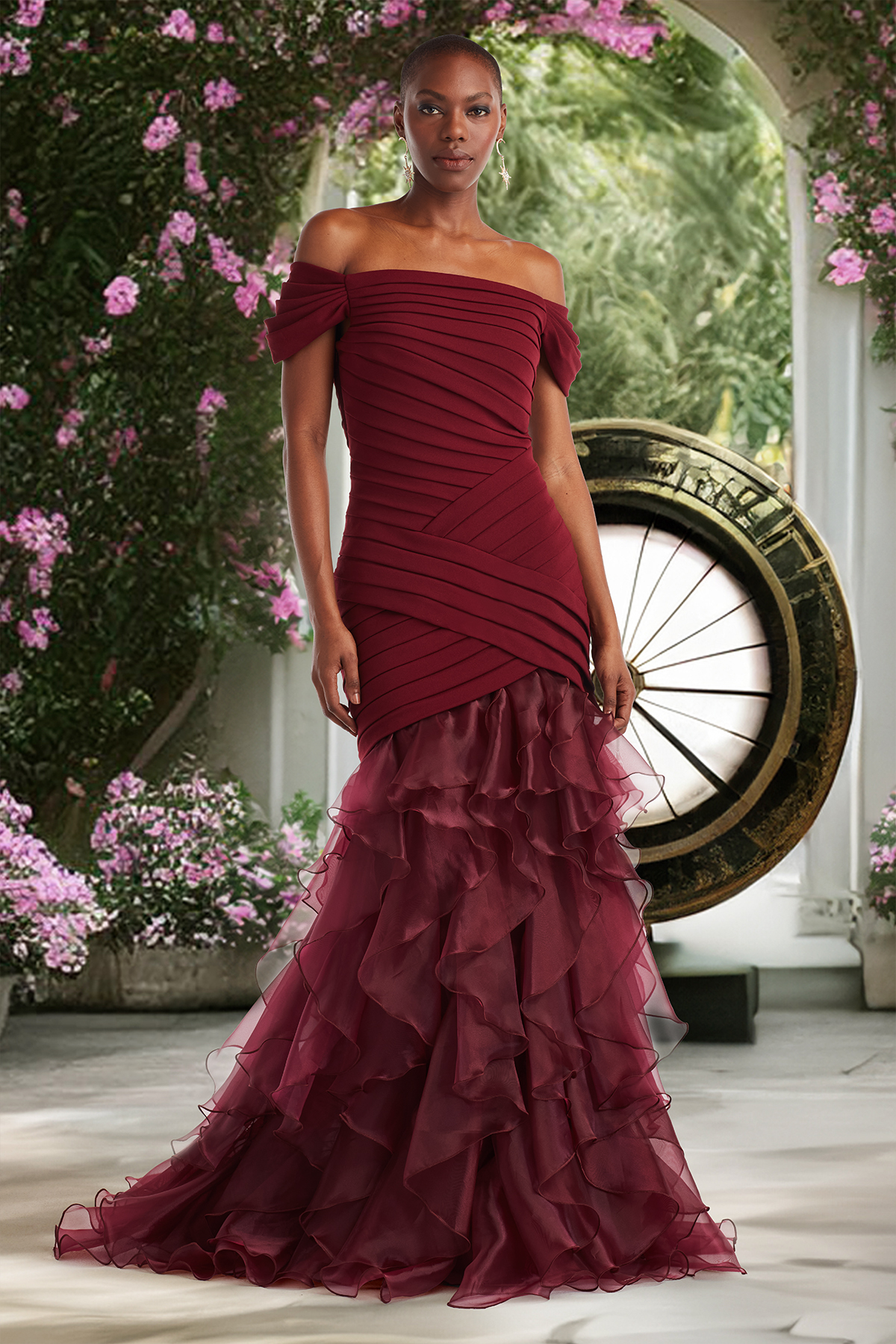 CINNAMON SHUTTER PLEATED TEXTURED CREPE AND ORGANZA OFF-THE-SHOULDER GOWN