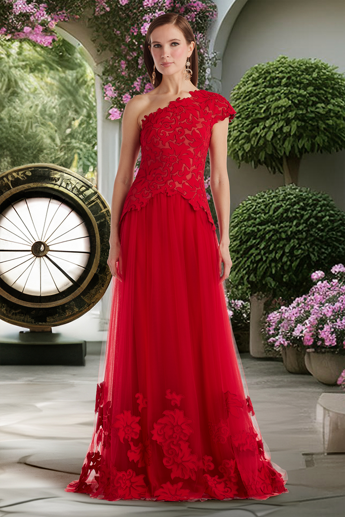CHERRY ARCHIVAL LASER-CUT TEXTURED CREPE AND TULLE ONE SHOULDER GOWN WITH APPLIQUE DETAIL