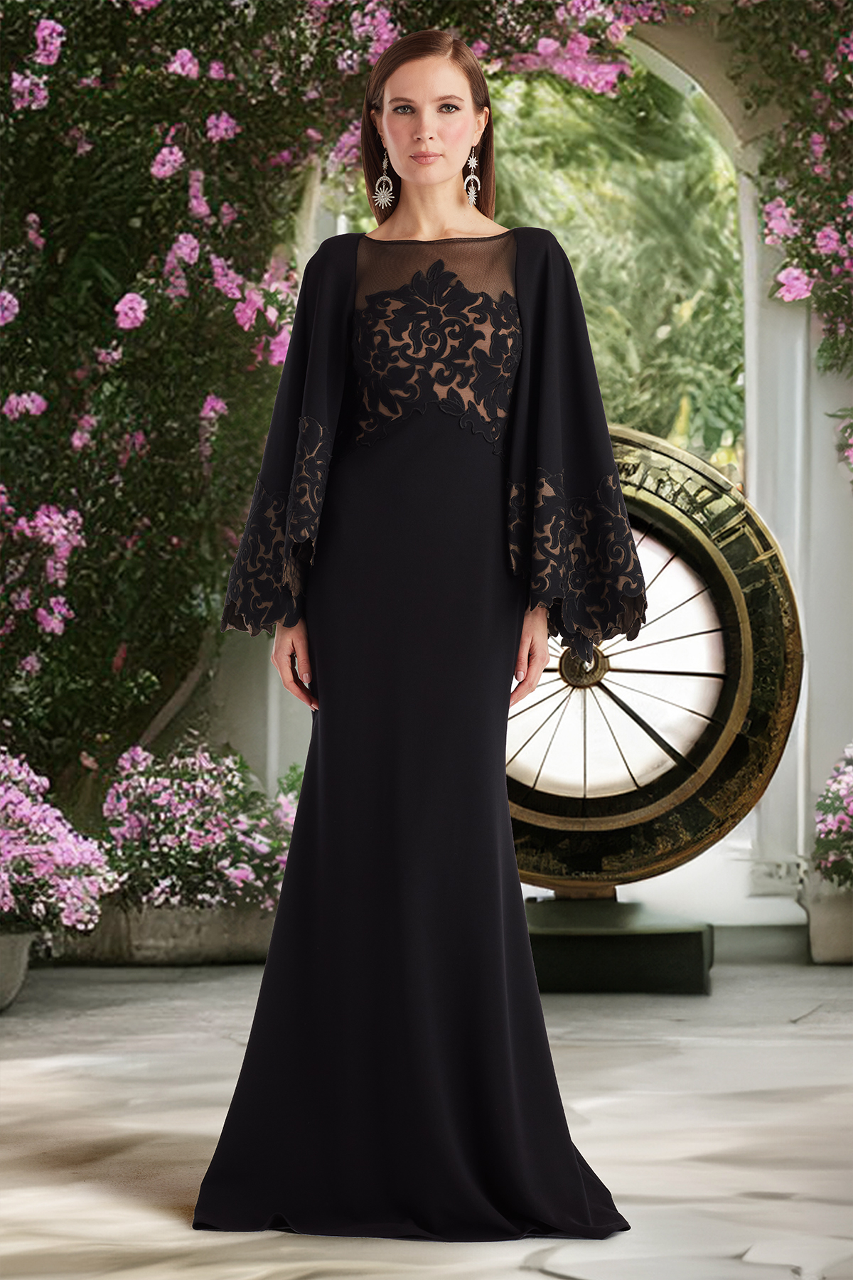 BLACK/NUDE ARCHIVAL LASER-CUT TEXTURED CREPE CAPELET GOWN