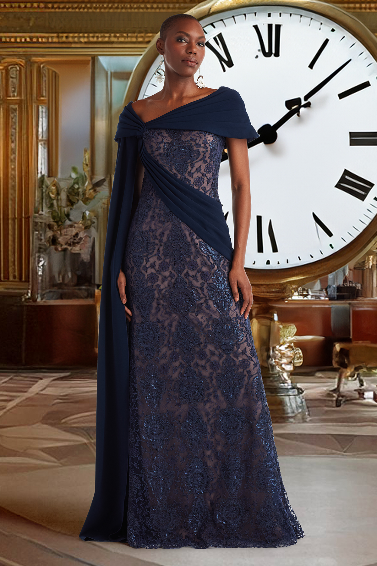MIDNIGHT/NUDE MOON PHASE PAILLETTE EMBROIDERED TULLE AND TEXTURED CREPE CAP-SLEEVE GOWN WITH SWEEPING SASH