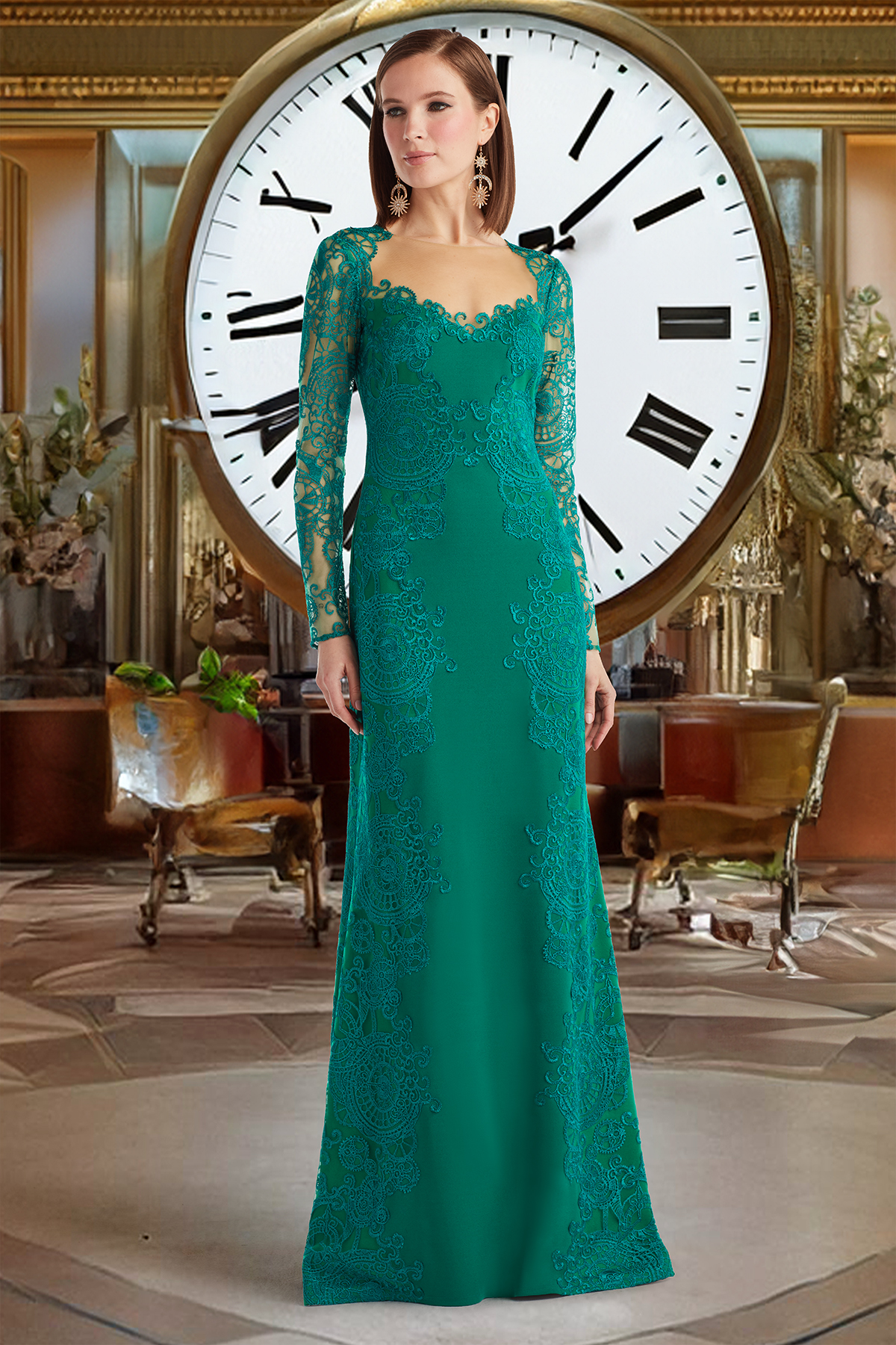 EMERALD TEXTURED CREPE AND TIMEPIECE EMBROIDERED TULLE LONG SLEEVE GOWN WITH SHEER ILLUSION NECKLINE