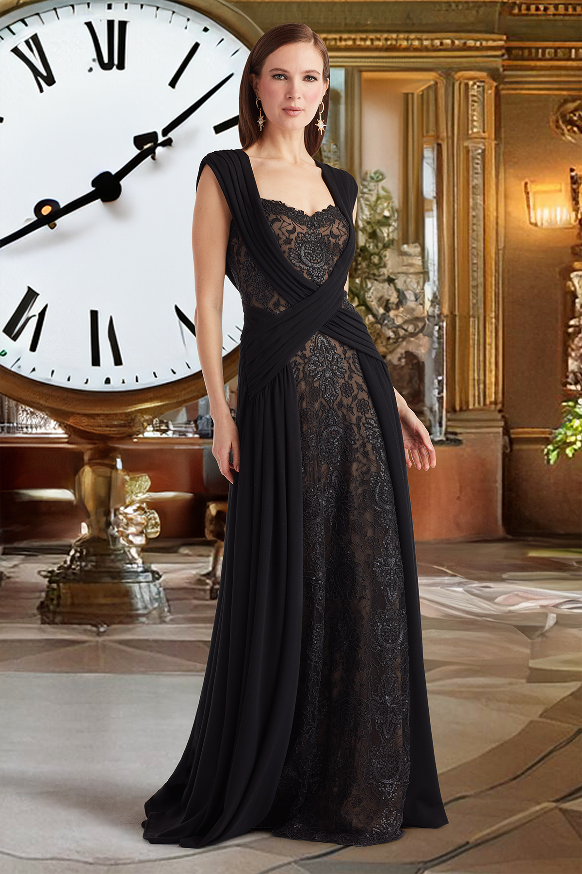 BLACK/NUDE MOON PHASE PAILLETTE EMBROIDERED TULLE AND TEXTURED CREPE SLEEVLESS A-LINE GOWN