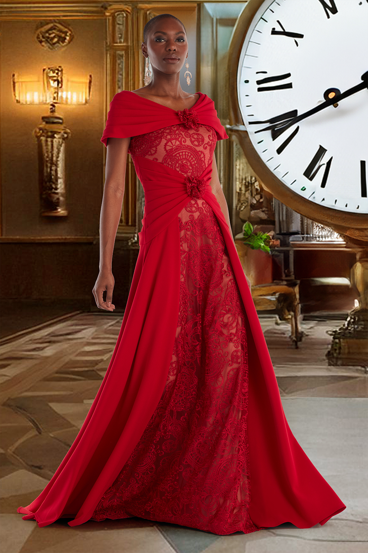 CHERRY TEXTURED CREPE AND TIMEPIECE EMBROIDERED TULLE CAP-SLEEVE GOWN WITH ROSETTE APPLIQUE 