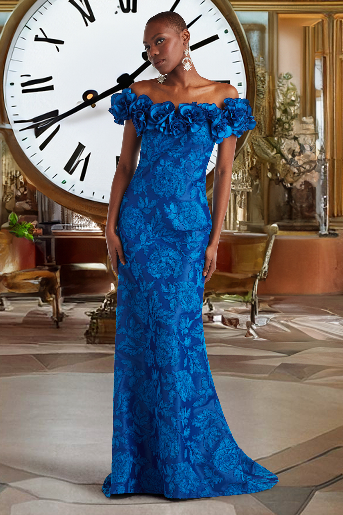 MARINE ARCHIVAL EMBROIDERED TAFETTA OFF-THE-SHOULDER GOWN WITH ROSETTE APPLIQUE
