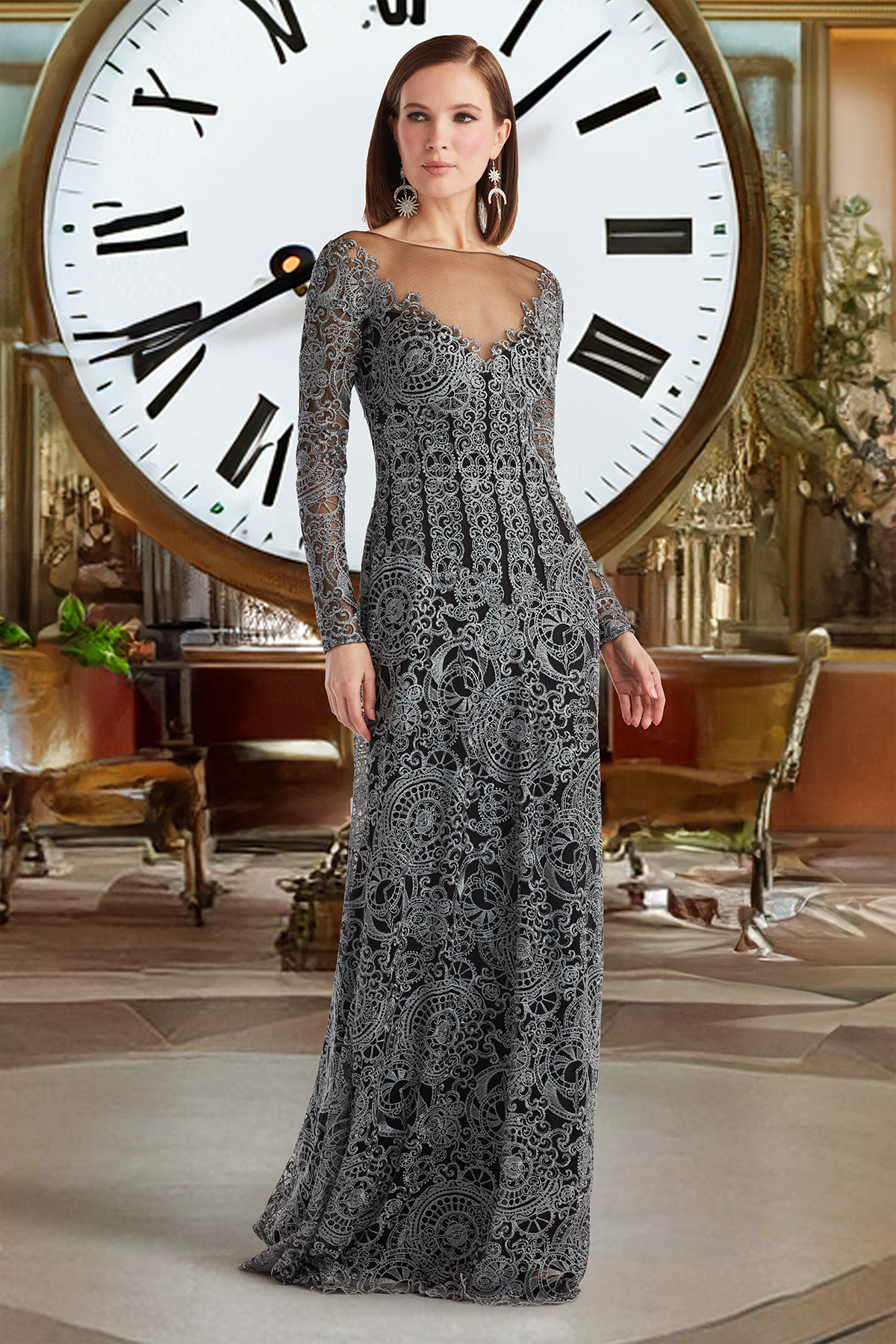 GUNMETAL/BLACK TIMEPIECE EMBROIDERED TULLE LONG SLEEVE GOWN WITH SHEER ILLUSION NECKLINE